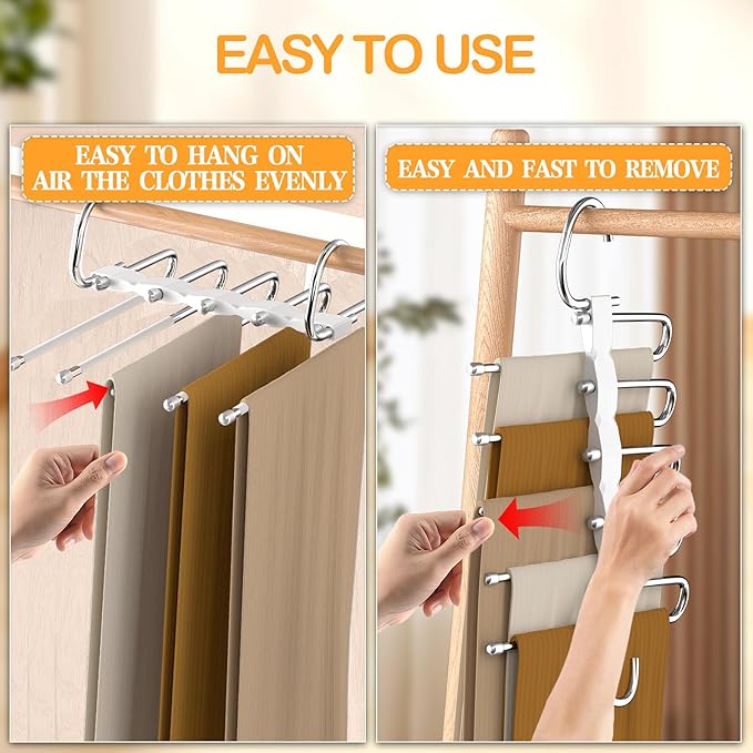 Pants Hangers Stainless Steel Hook Strong, 4 Pack, Closet Organizers and Storage, Space Saving Hangers for Jeans Trousers Clothes-Dorm Essential Apartment Must Have