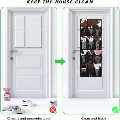 Multi-Pocket Over the Door Organizer, 12 Mesh Pockets Storage Hanging Bag Behind the Door for Shoes Toys and Cleaning Supplies, Fabric Door Organizer for Bedroom Bath, Brown Cowhide Print