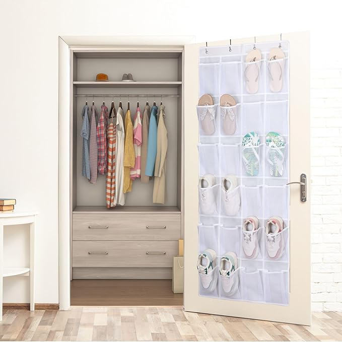 F-color Large Hanging Organizer - Over the Door Shoe Organizer, Cruise Essentials for Closet & Pantry, 24 Breathable Mesh Pockets, Space Saving Hanging Storage Holder with 4 Heavy-Duty Metal Hooks