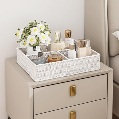 Vagusicc Wicker Divided Storage Basket, White Wicker Baskets, Basket for Shelves Drawer Organizing, 3 Section Rectangular Woven Storage Baskets, 2-Pack