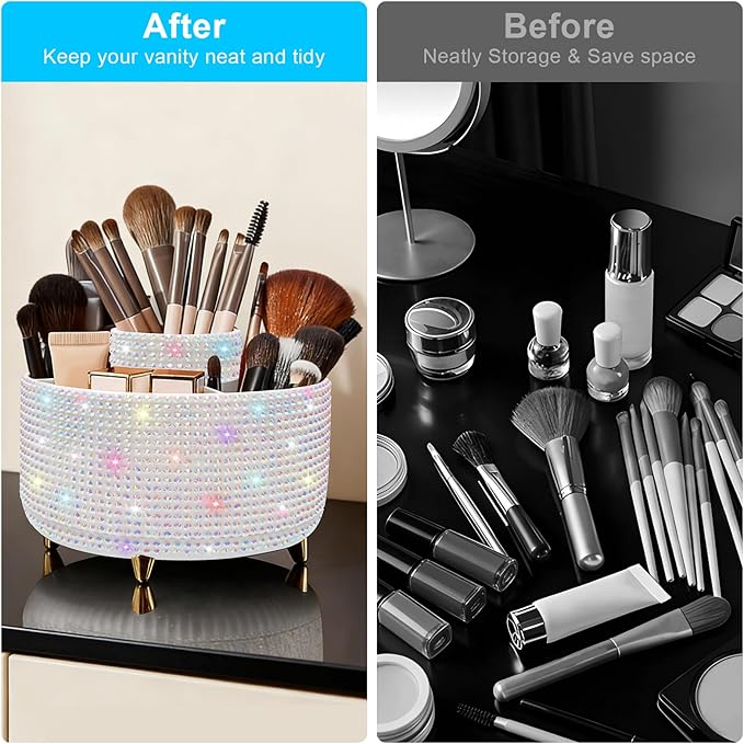 Diesisa Bling Makeup Organizer: 360°Rotating Bling Rhinestone Cosmetic Display Cases -Diamond Makeup Brush Holder - 5 Slot Cup for Cosmetics - Bling Lipstick Organizer - Gift for Women - Diamond White