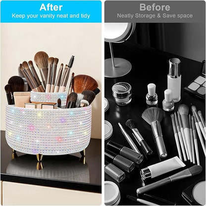 Diesisa Bling Makeup Organizer: 360°Rotating Bling Rhinestone Cosmetic Display Cases -Diamond Makeup Brush Holder - 5 Slot Cup for Cosmetics - Bling Lipstick Organizer - Gift for Women - Diamond White