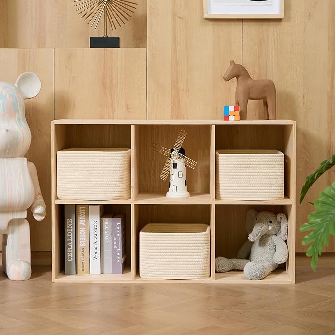 MiniArk Small Organizing Baskets for Cubes Shelf, 9.7x9.7x7.1 Inch Rope Woven Storage Bins for Nursery Shelves Storage, Cute Toy Basket, Square 3 Packs Beige