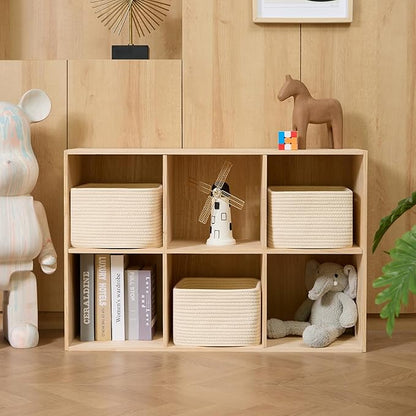 MiniArk Small Organizing Baskets for Cubes Shelf, 9.7x9.7x7.1 Inch Rope Woven Storage Bins for Nursery Shelves Storage, Cute Toy Basket, Square 3 Packs Beige