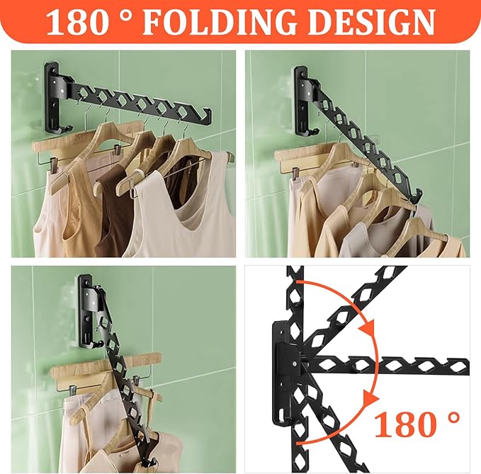 2 Pack Wall Mount Coat Hanger Holder Black Clothes Drying Organizer Rack Garment Hooks Aluminium Retractable Folding Indoor Wall Mounted Hanger Space Saver for Laundry Room Bedroom Black