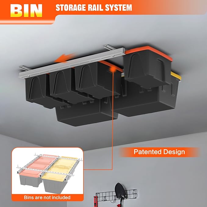 TORACK Garage Ceiling Bin Storage Rack, Overhead Tote Storage Rail System Heavy Duty Adjustable Tote Slide Rails Garage Bins Storage System(White, Bins are not included)
