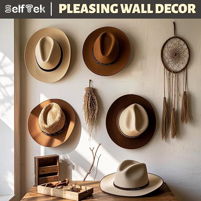 SelfTek 2.9 Inch Cowboy Hat Rack for Wall - 8 Pack Hat Hooks & Holder Hanger, Heavy Duty Adhesive Wall Mount, Western Room Decor for Baseball Cowboy, Sun Hats, Fedora, Wide Brim Hats (Clear)