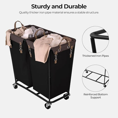 StorageWorks 280L Large Laundry Hamper with Wheels, Laundry Basket with Wheels 2 Sections, Clothes Sorter Cart with Divider for Hotel, Home, Black, 1-Pack