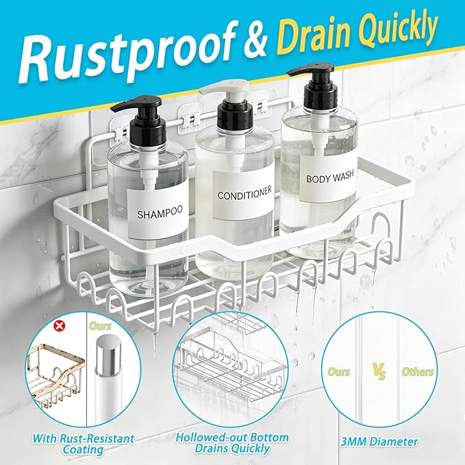 Fammart Adhesive Shower Caddy, 5-Pack Rustproof Stainless Steel Bathroom Organizer with 28 Hooks, No-Drill Large Capacity Shower Shelves for Bathroom Storage & Home Décor, White