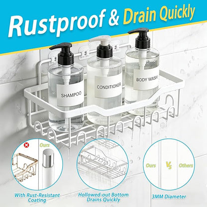 Fammart Adhesive Shower Caddy, 5-Pack Rustproof Stainless Steel Bathroom Organizer with 28 Hooks, No-Drill Large Capacity Shower Shelves for Bathroom Storage & Home Décor, White