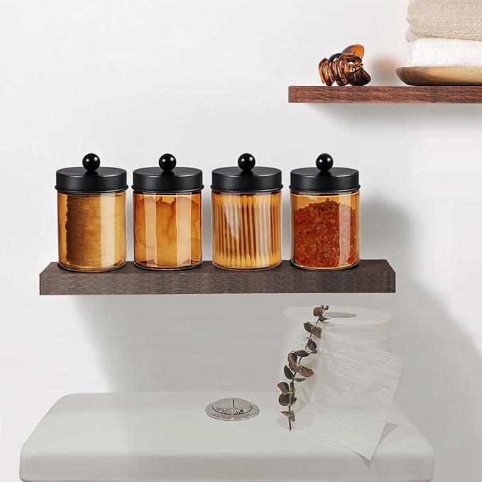 Amolliar Bronze Glass Apothecary Jar With Metal Lid & Stickers, Bathroom Qtip Dispenser Storage Canister, Perfect for Cotton Balls, Cotton Swabs, Makeup Pads, Bath Salt, Floss, 2 Pack (Black)