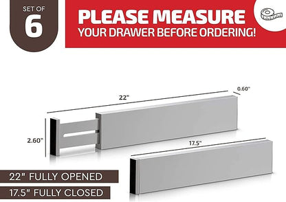 6-Pack Drawer Dividers - 2.6 Inches High, Adjustable 16 to 22 Inches Bamboo Drawer Organizer, Large Expandable Separator for Clothes, Dresser, Bedroom, Bathroom, Baby, Office, Kitchen Utensils, Gray