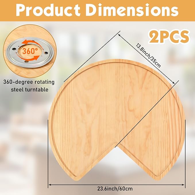 Leinuosen 2 Pcs 24in/28in/32in Banded Pine Wood Full Kidney Shaped Lazy Susan for Corner Base Cabinets with Iron Swivel Bearing for Kitchen Turntables, Not Include Metal Rod(24 Inch,Wood Color)