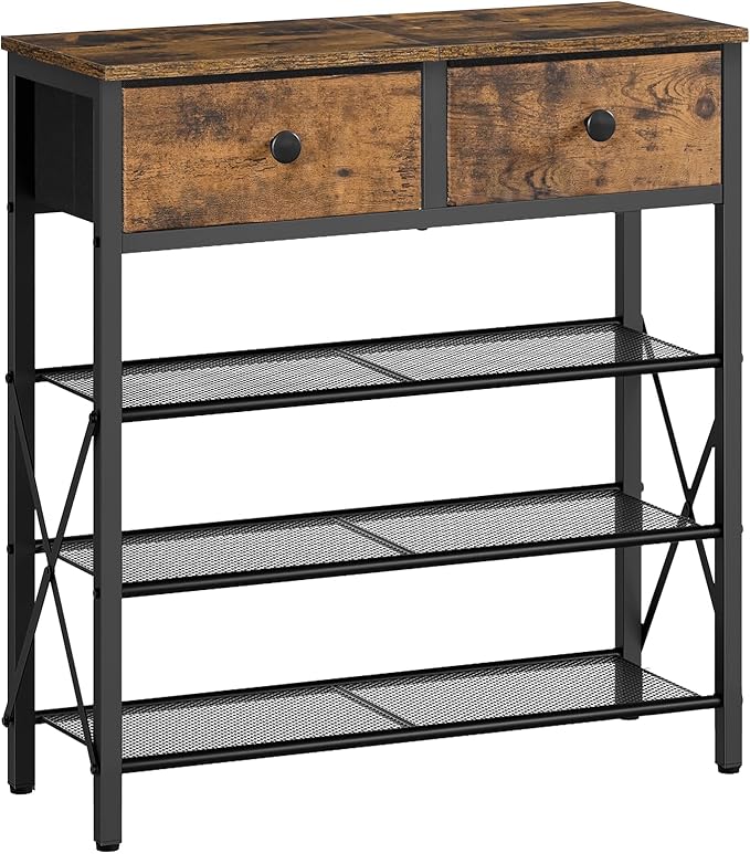 YATINEY 4 Tier Shoe Rack, Large Capacity Shoe Storage Organizer, Metal Shoe Shelf with Drawer and Wooden Top, for 16 Pairs of Shoes, for Entryway, Closet, Rustic Brown and Black SS24BR