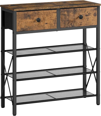 YATINEY 4 Tier Shoe Rack, Large Capacity Shoe Storage Organizer, Metal Shoe Shelf with Drawer and Wooden Top, for 16 Pairs of Shoes, for Entryway, Closet, Rustic Brown and Black SS24BR
