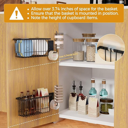4 Pack Adhesive Cabinet Door Organizer - Tumbler Lid Organizer & Kitchen Storage baskets for Kitchen, Bathroom, Inside Cabinet Door Storage for Cup Lids, Spices, Small Supplies, Space-Saving (Black)