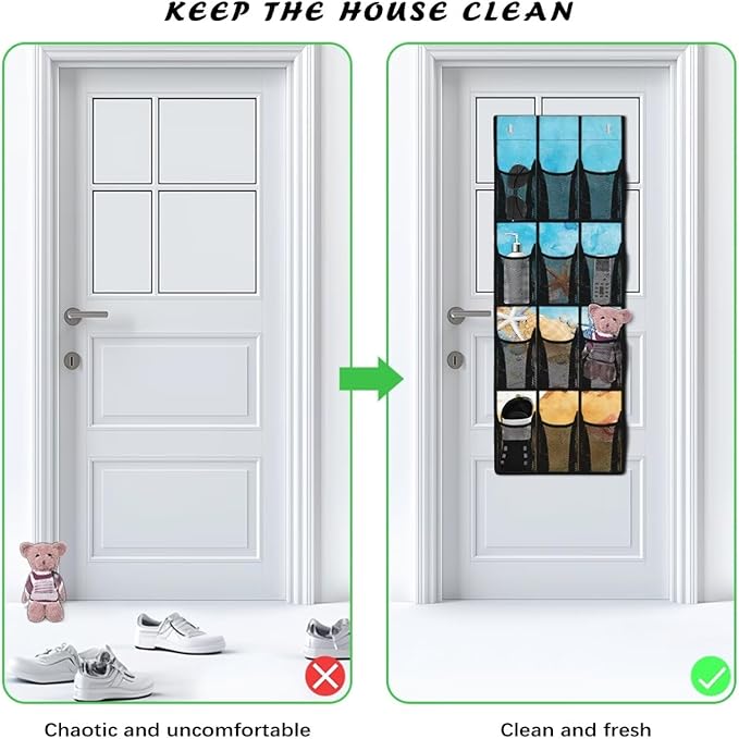 Beach Starfish Design Space Saving Hanging Shoe Organizer,Entryway Bedroom Bathroom Storage Bags with 12 Mesh Large Pockets Waterproof Reusable