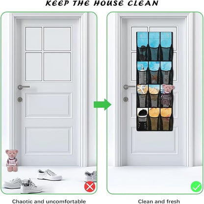 Beach Starfish Design Space Saving Hanging Shoe Organizer,Entryway Bedroom Bathroom Storage Bags with 12 Mesh Large Pockets Waterproof Reusable