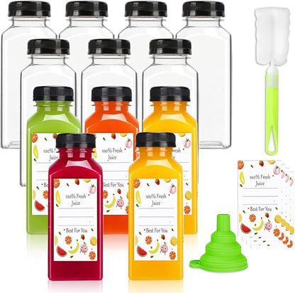 Plastic Juice Bottles with Caps 12 Pack -12oz Reusable Juicing Containers with 12 Labels & Silicone Funnels- Food Grade Leakproof Clear Bottles for Juice Milk Coffee Smoothie Drinking Christmas Gifts