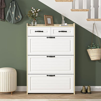 Vibe & Dine Shoe Storage Cabinet with 3 Flip Drawers & 2 Horizontal Drawers, Large Shoe Organizer Cabinet Fits for Kinds of Shoes, Narrow Slim Shoe Rack Cabinet for Entryway, Hallway, Oak