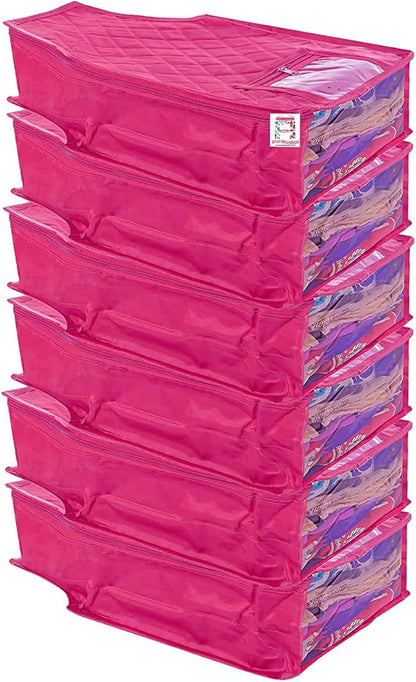 atorakushon 6 Piece Fabric Satin Blouse Cover Clothes Storage Bag Set With Transparent Window Wardrobe Garments Organizers (Pink)