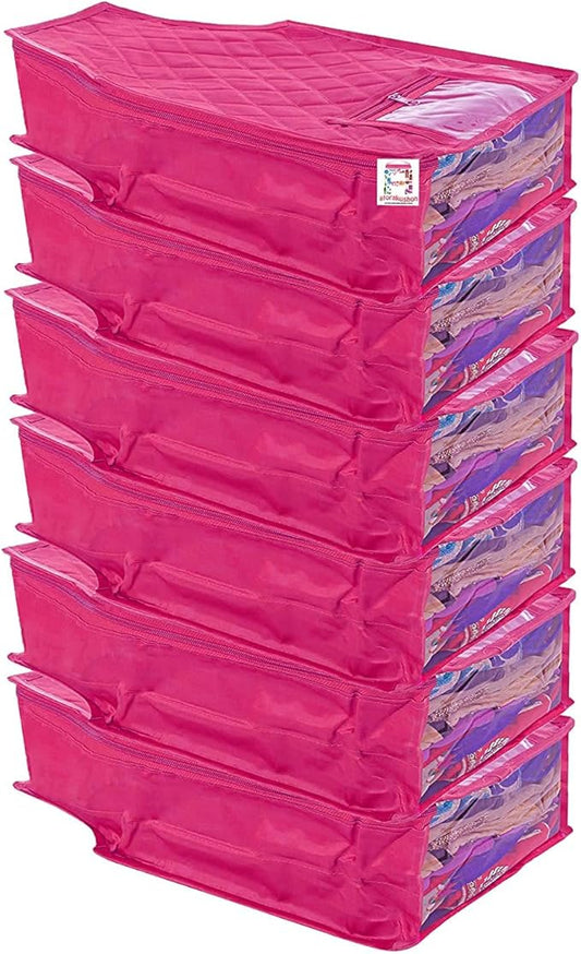 atorakushon 6 Piece Fabric Satin Blouse Cover Clothes Storage Bag Set With Transparent Window Wardrobe Garments Organizers (Pink)