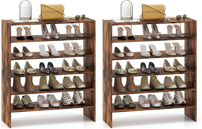 Giantex 3-in-1 Vertical Shoe Rack, 6-Tier Free Standing Shoe Storage Organizer w/Stackable Design for 18 Pairs, 31 Inch Wide Wood Shoe Shelf for Closet, Entryway, Living Room, Office (2, Brown)