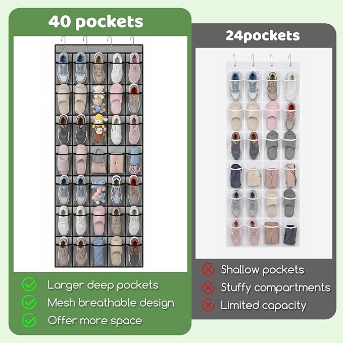 2 Pcs Over The Door Shoe Organizer, Space Saving Hanging Shoe Rack Hanger with 40 Large Breathable Mesh Pocket for Closet Entryway Bedroom Dorm (2Pcs 80 Large Mesh Pocket Total)(Black)