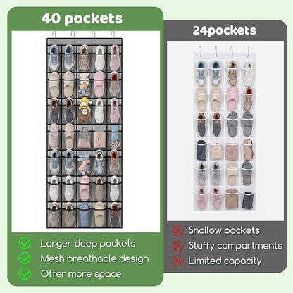 2 Pcs Over The Door Shoe Organizer, Space Saving Hanging Shoe Rack Hanger with 40 Large Breathable Mesh Pocket for Closet Entryway Bedroom Dorm (2Pcs 80 Large Mesh Pocket Total)(Black)