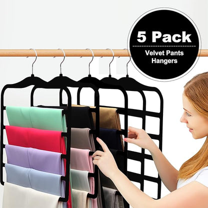 Closet Organizers and Storage,5 Pack Velvet Pants-Hangers-Space-Saving,Non Silp 5 Tier Scarf Jeans Organizer,Dorm Room Essentials for College Students Girls Boys Guys,Organization and Storage