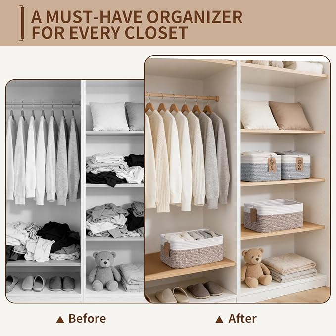 Goodpick 4 Pack Storage Baskets for Shelves, Rectangle Cotton Rope Baskets for Organizing, Woven Storage Basket for Baby Toys Diapers, Decorative Shelf Basket for Gifts, 13''L x 8''W x 6''H