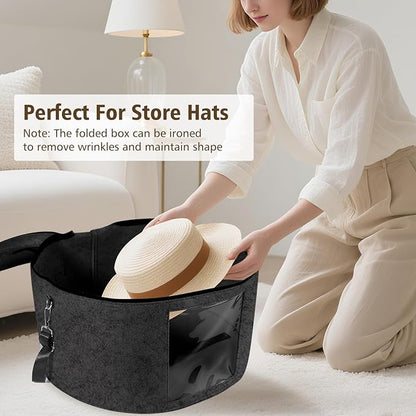 HEAVYWOOD Hat Box for Women Storage Travel Felt Hat Case for Wide-Brim Cowboy Hat Storage for Large Round Hat Carrier with Portable Handle Shoulder Strap (Dark Gray, Shoulder Stripe)