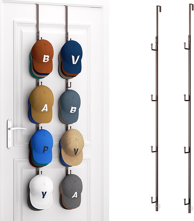 HapiRm Over Door Hat Rack - 2 Packs Hat Organizer with 8 Hooks Design, Hanging Baseball Cap Organizer Storage Holds Up to 40 Caps for Door, Bedroom, Closet (Brown)