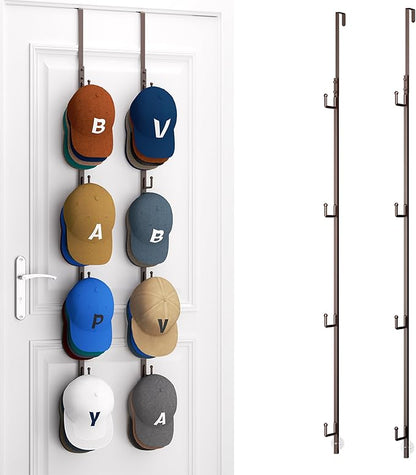 HapiRm Over Door Hat Rack - 2 Packs Hat Organizer with 8 Hooks Design, Hanging Baseball Cap Organizer Storage Holds Up to 40 Caps for Door, Bedroom, Closet (Brown)