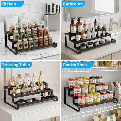 Expandable Spice Rack Organizer for Cabinet, Metal Spice Organizer Adjustable Length, Seasoning & Pantry Organization Shelf 3-Tier, Non-Skid Step Shelf for Kitchen Cabinet, Pantry or Countertop