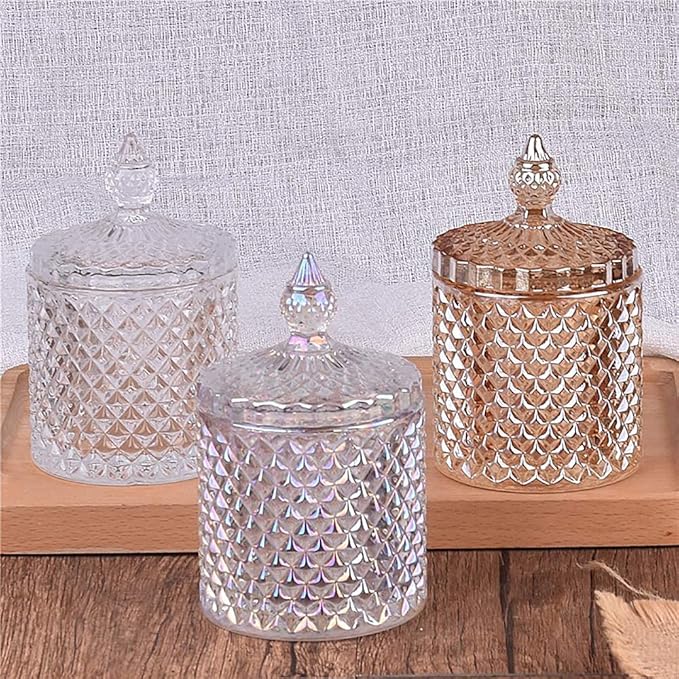 Colorful Home Decorative Jar Qtips Holder Dispenser Glass Storage Container Bathroom Counter Vanity Organizer for Bath Salts/Swabs/Rounds Makeup Sponges Toothpick Jewelry(Amber,10 oz)