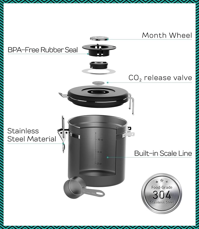 Coffee Gator Coffee Canister, 11oz Airtight Stainless Steel Kitchen Food Storage Container with Date-Tracker, CO2-Release Valve and Scoop for Beans, Grounds, Sugar, Cookies Jars, Tea, Cereal - Gray