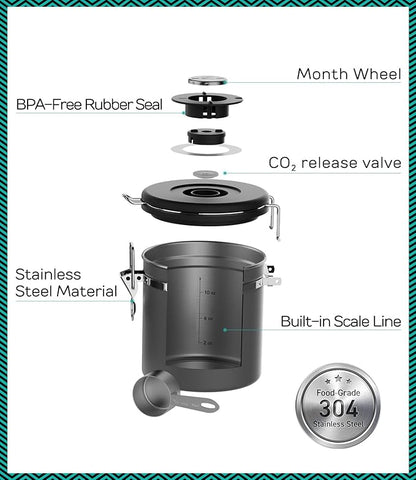 Coffee Gator Coffee Canister, 11oz Airtight Stainless Steel Kitchen Food Storage Container with Date-Tracker, CO2-Release Valve and Scoop for Beans, Grounds, Sugar, Cookies Jars, Tea, Cereal - Gray