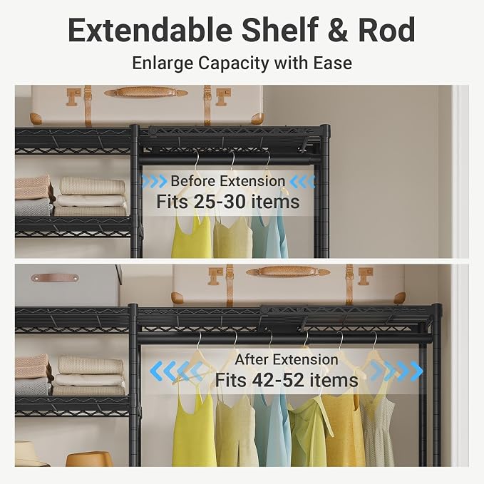 VIPEK X2 Plus Expandable Heavy Duty Clothes Rack Adjustable from 3'9"-5'2" Portable Reach-in & Walk-in Closet Rack System with Flexible Shelves and Hanger Rods Clothing Rack for Hanging Clothes, Black