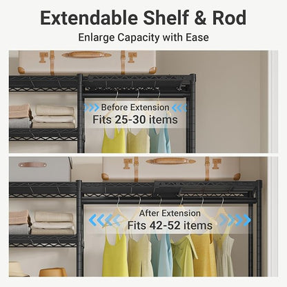 VIPEK X2 Plus Expandable Heavy Duty Clothes Rack Adjustable from 3'9"-5'2" Portable Reach-in & Walk-in Closet Rack System with Flexible Shelves and Hanger Rods Clothing Rack for Hanging Clothes, Black