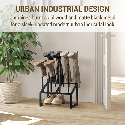 MyGift Industrial Metal & Burnt Wood 4-Pair Boot Rack with Shoe Shelf - Freestanding Rustic Entryway Organizer, Non-Slip Floor Protector for Mudroom/Garage/Closet