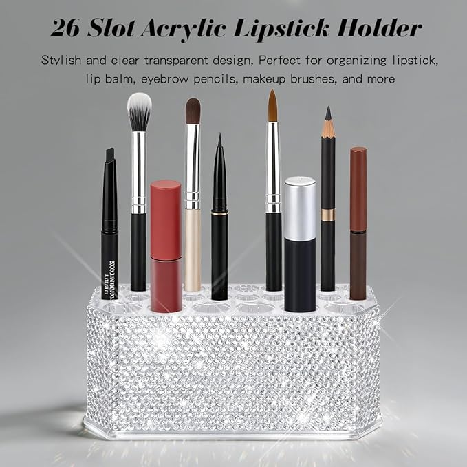 Bling Acrylic Makeup Eyeliner Lip Liner Holder Organizer with Glitter Rhinestone, 26 Spaces