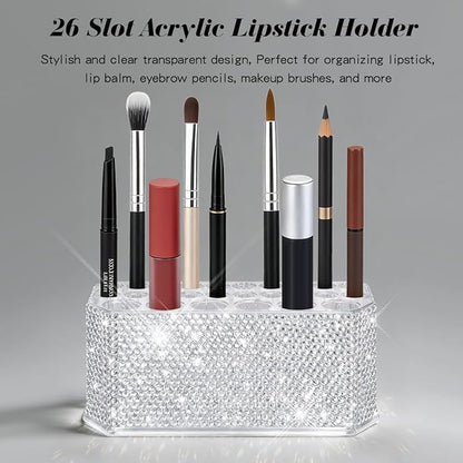 Bling Acrylic Makeup Eyeliner Lip Liner Holder Organizer with Glitter Rhinestone, 26 Spaces
