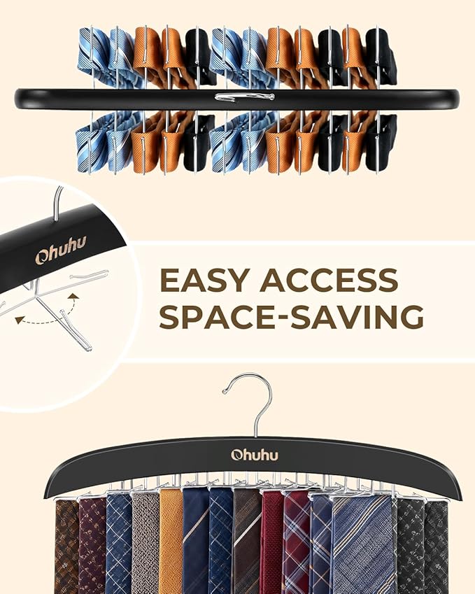 Ohuhu 24-Hook Wooden Tie Rack Organizer - Space Saving Closet Hanger with 360° Rotating Hooks, Anti-Slip Clips for Ties, Belts, Scarves - Premium Hardwood & Rustproof Steel Construction-Black