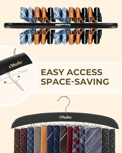 Ohuhu 24-Hook Wooden Tie Rack Organizer - Space Saving Closet Hanger with 360° Rotating Hooks, Anti-Slip Clips for Ties, Belts, Scarves - Premium Hardwood & Rustproof Steel Construction-Black