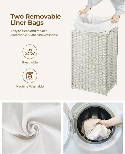 Greenstell Laundry Hamper with Lid, 60L Clothes Hamper with 2 Removable Liner Bags & 2 Mesh Bags, Handwoven Synthetic Rattan Basket, Toys in Bathroom, Bedroom White