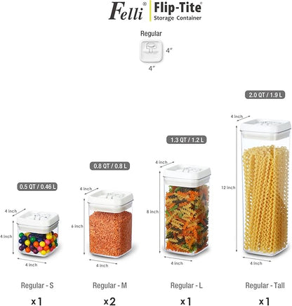 Felli Flip Tite Storage Container with Lid 4" Airtight Ring Seal Top, Stackable Acrylic Canister Jar Set for Kitchen Pantry Organizer, Food Spice Pasta Snack (5pk, Variety)