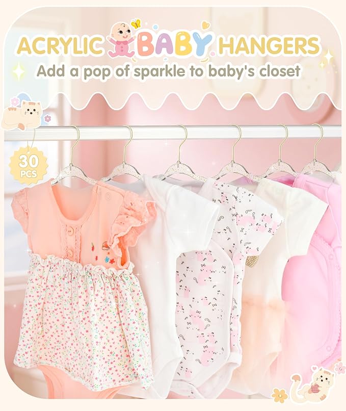 VIS'V Baby Hangers, 11 Inch Acrylic Kids Glitter Hangers for Infant Toddler Nursery Closet Clothes Organization, Gold, 30 Pcs