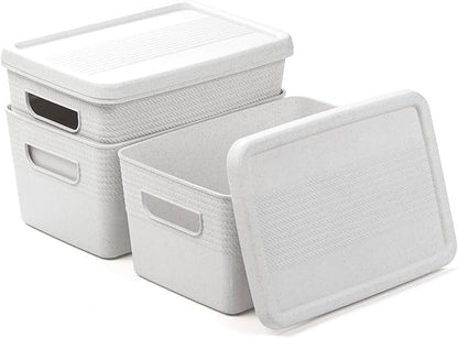 BINO | Plastic Storage Bins with Lids, 5 Liter - 3 Pack, White | THE BRAIDED COLLECTION | Plastic Bins for Organization Woven Storage Baskets for Organizing Pantry Shelf Organizer Basket Container Bin