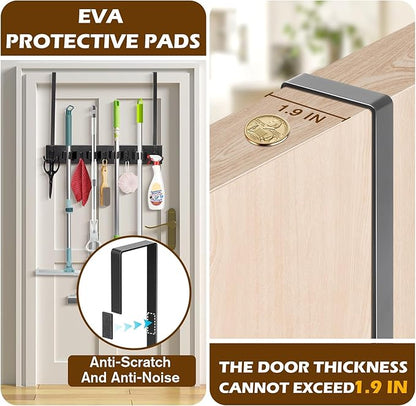 Mop and Broom Holder Over the Door, Wood Broom Hanger, Broom and Mop Organizer with 4 Slots and 7 Hooks, Drilling-Free Mop and Broom Holder for Garage, Laundry Room, Broom Hanger and Storage Tool